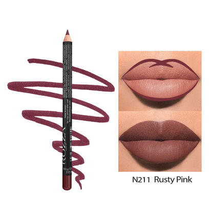 Matte finish lip liner pencil shown in a case, with 14 shade options from 201 to 214 for lip contouring.