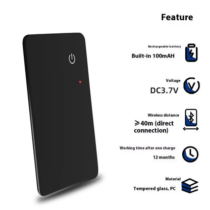 Black card-sized pet tracker with wireless charging and a hanging hole for collar attachment