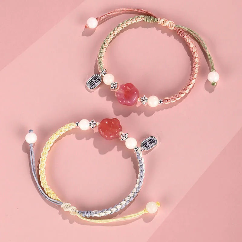 Cat's paw couple bracelet for women, handmade glass bead lucky charm bracelet in pastoral style, red cat's paw woven bracelet available in pink or yellow, matching couple jewellery gift