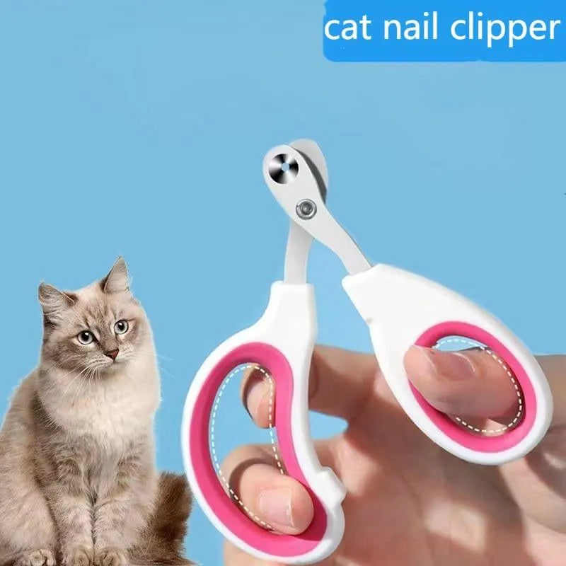 Blue cat nail clippers with a circular safety hole and cushioned non-slip grips on a white background.