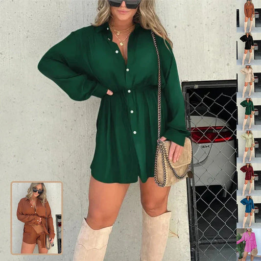 A stylish long sleeve jumpsuit with a button-up shirt design, available in a variety of vibrant colors.