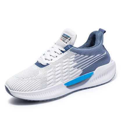 Men's blue mesh casual shoes with round toe and plastic sole on a white background.