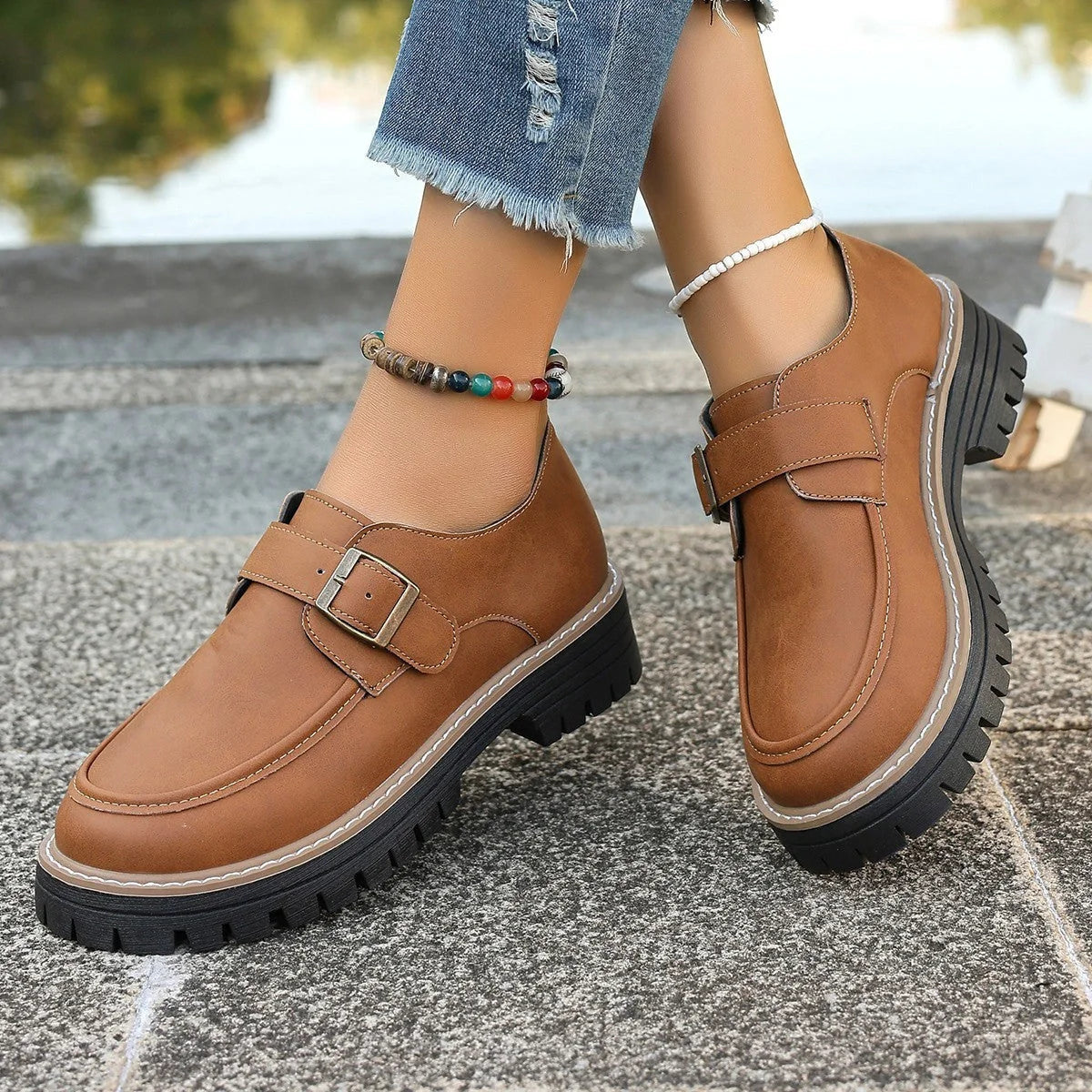 British-style women's buckle loafers with thick sole for added height