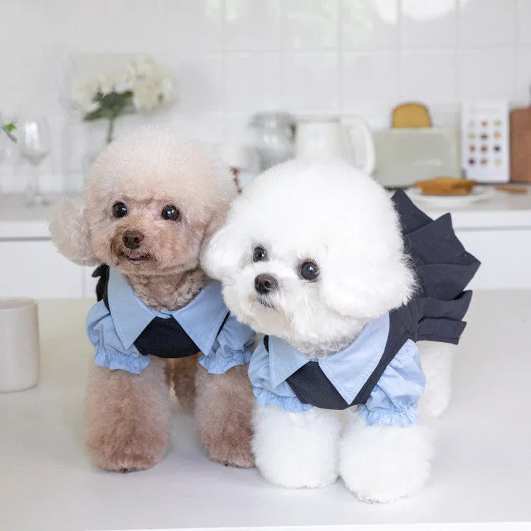 Dark grey polyester casual dog clothing shown on pet model with size options from 2XS to 3XL