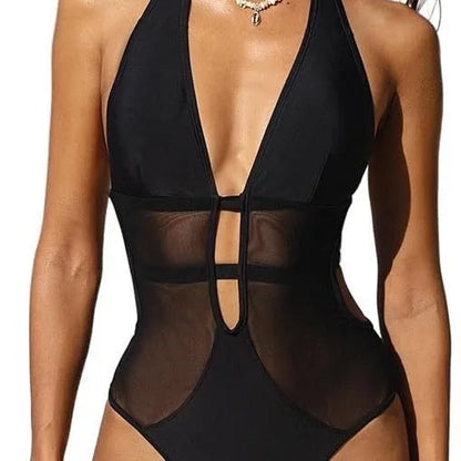 Black women's V-neck swimsuit with mesh hanging neck detail