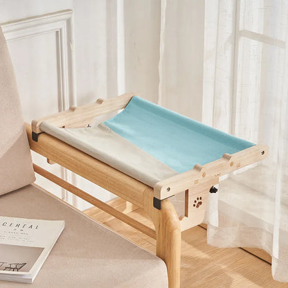Wooden cat hanging bed hammock mounted by a window in a choice of seven colours