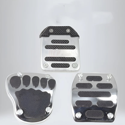Metal motorcycle brake pedal skid plate showing three style options