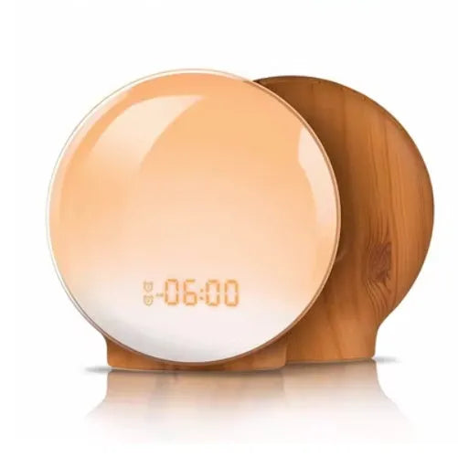 Sunrise alarm clock wake up light with wood grain base, 16x16x6cm, USB powered, voice control, two alarms