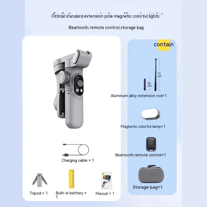 Silver grey Pro Mobile PTZ three-axis smartphone camera stabiliser gimbal with extended arm.