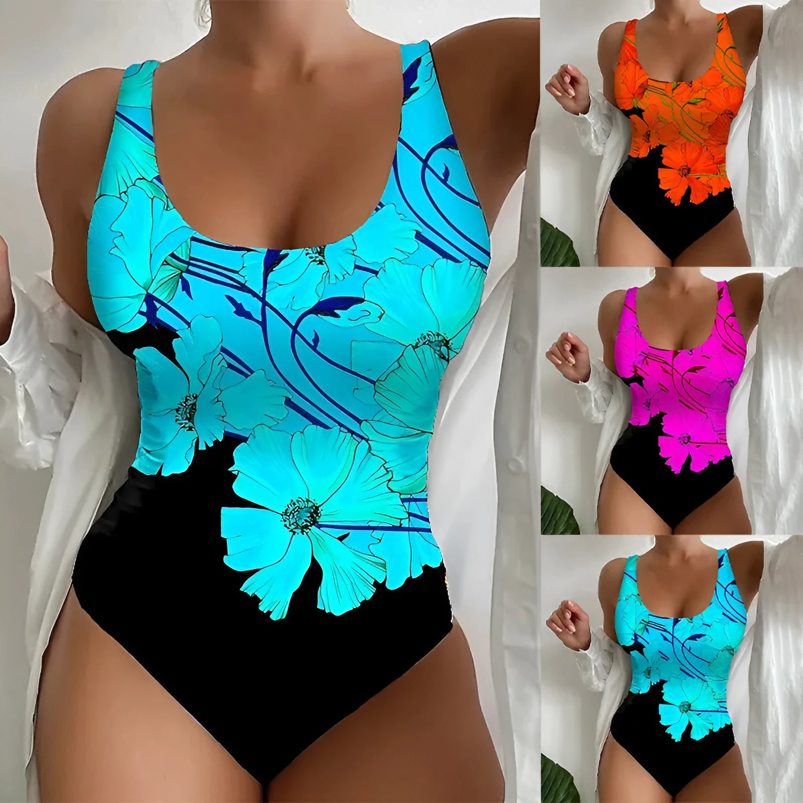 Women's 3D printed one-piece swimsuit in orange red, showing tight fit and printed pattern detail.