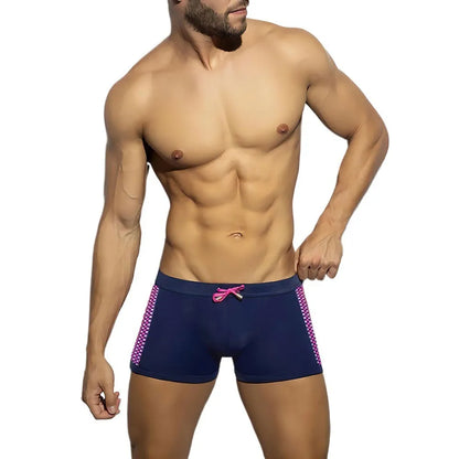 Men's yellow and black polka dot quick-dry swimming boxers with a briefs-style 3D contour fit.