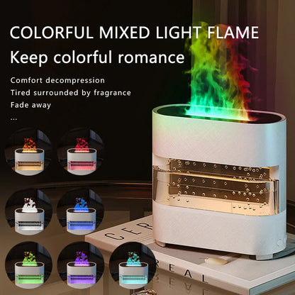Premium Aroma Diffuser with realistic flame, rain simulation, and customizable LED lights for a relaxing atmosphere