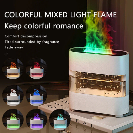 Premium Aroma Diffuser with realistic flame, rain simulation, and customizable LED lights for a relaxing atmosphere