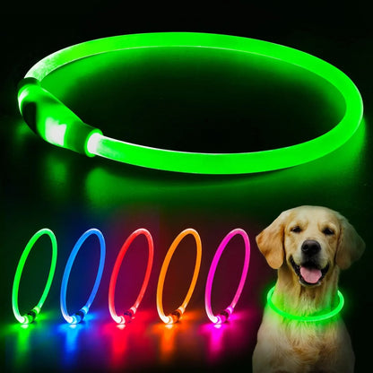 Blue USB rechargeable LED dog collar with glow lights, adjustable 70cm length for pet safety.