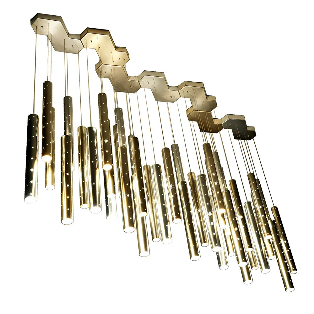 Carved hollow tube bar chandelier in gold and silver mix with 6 LED heads, 1.2m span aluminum alloy
