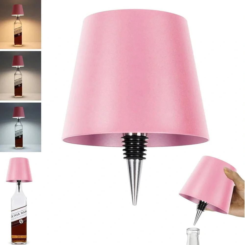 White and black LED wine bottle table lamps with USB charging and dimmable lighting on wooden surface