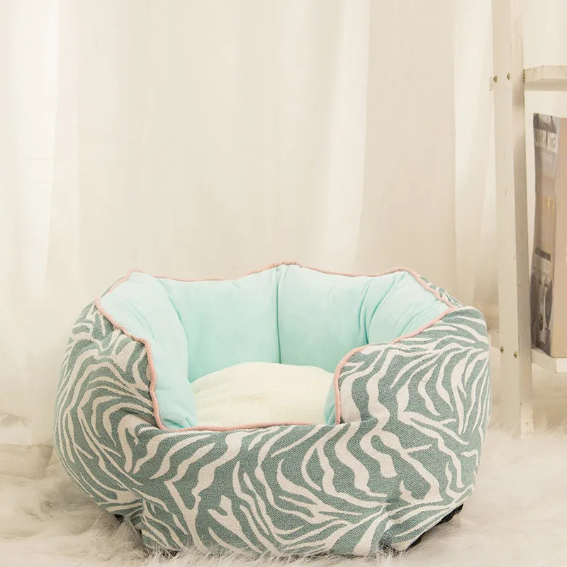 Octagonal fabric pet bed for small dogs and cats with a removable centre mat