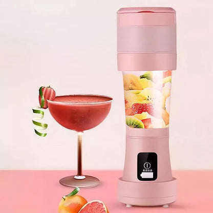 Blue or pink 450ml portable blender with folding design, stainless steel blades, and USB charging port