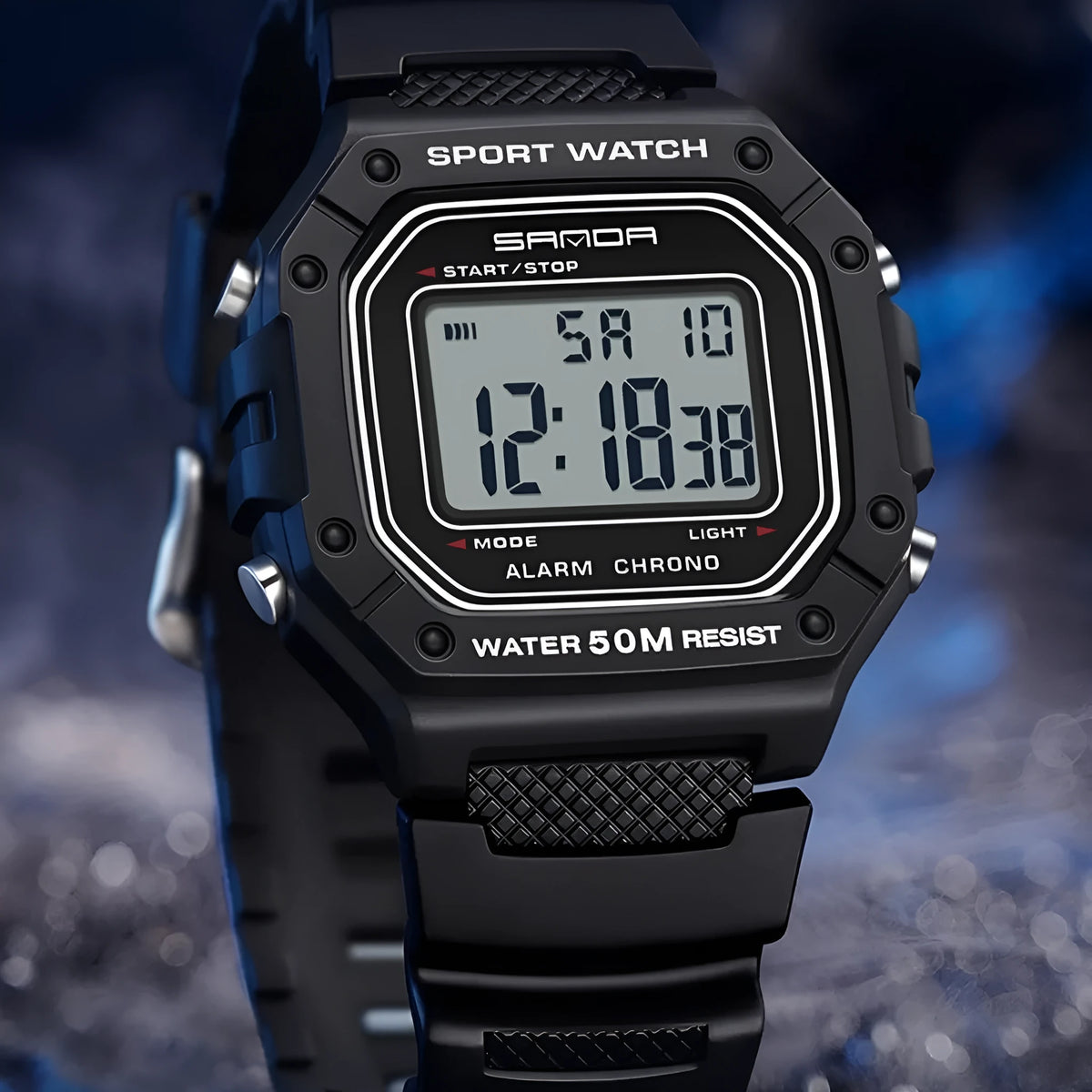 Waterproof electronic watch in multiple colour options including black, blue, green, white, and red combinations