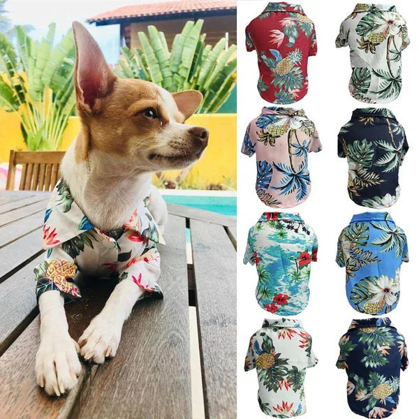 Breathable Hawaiian-style pet shirt for dogs and cats in various tropical colors and patterns