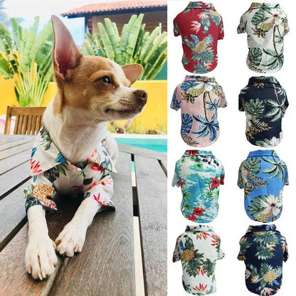 Breathable Hawaiian-style pet shirt for dogs and cats in various tropical colors and patterns
