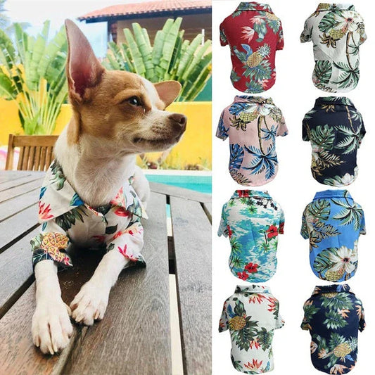 Breathable Hawaiian-style pet shirt for dogs and cats in various tropical colors and patterns