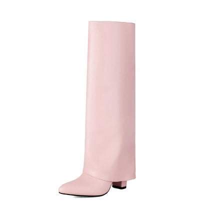 Women's plus size thick high heel boots in white, black and pink colours with sewing line detailing