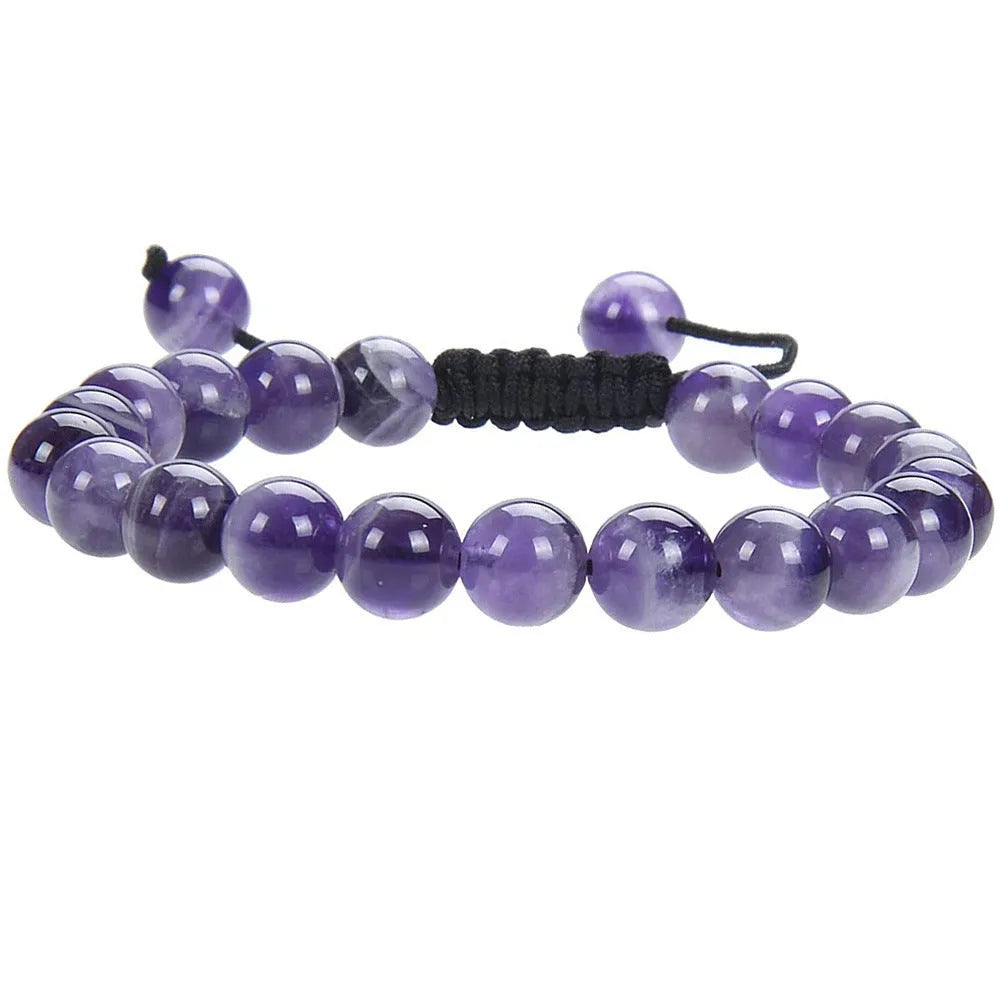 Women's flat knot braided healing bracelet hand-woven with natural gemstone beads in geometric pattern