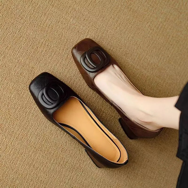 Women's shallow mouth pumps in light brown or black with mid chunky heel, square toe and buckle