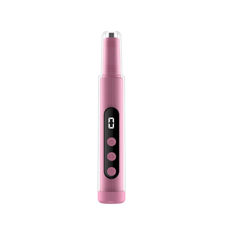 Blush pink electric nail grinder with LED light and six attachment heads on white background