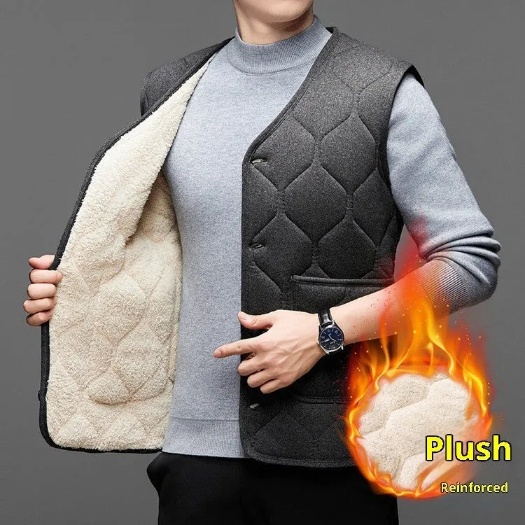 Men's fleece-lined thick cotton vest in black or gray, sleeveless cardigan, sizes M to 4XL, no hood