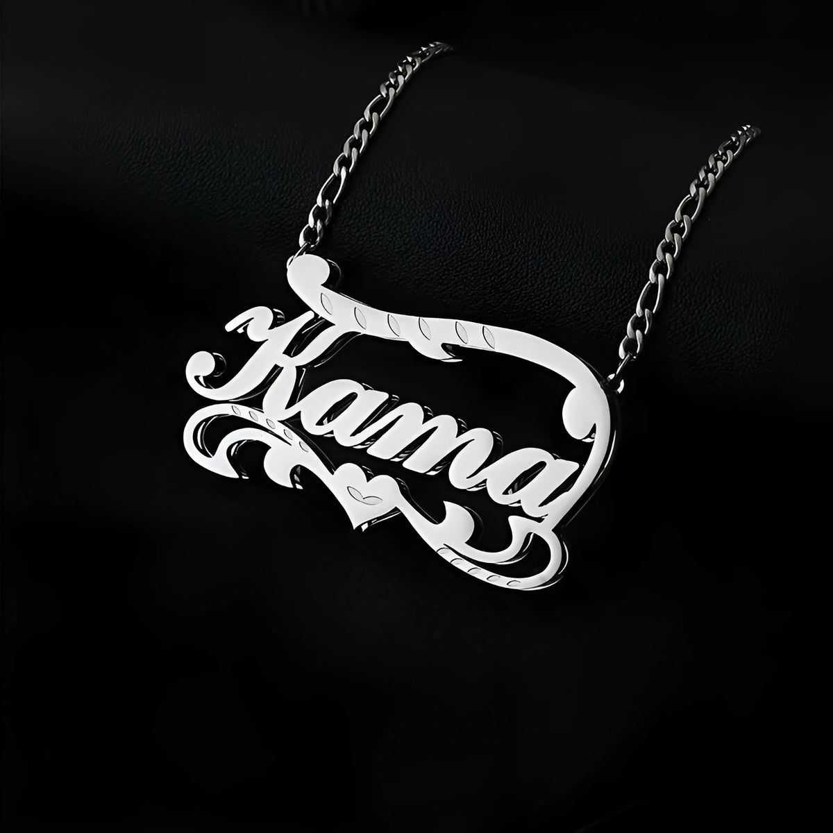 Customised stainless steel necklace with double-layer wave heart pendant and engraved text
