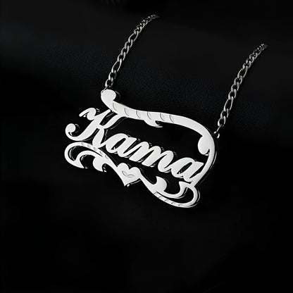 Customised stainless steel necklace with double-layer wave heart pendant and engraved text