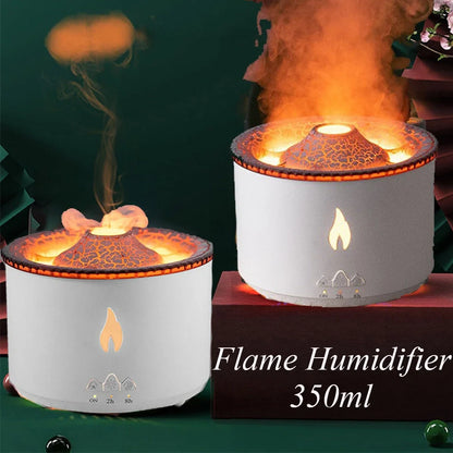 Black columnar ultrasonic humidifier with volcano flame effect and jellyfish smoke rings emerging from mist