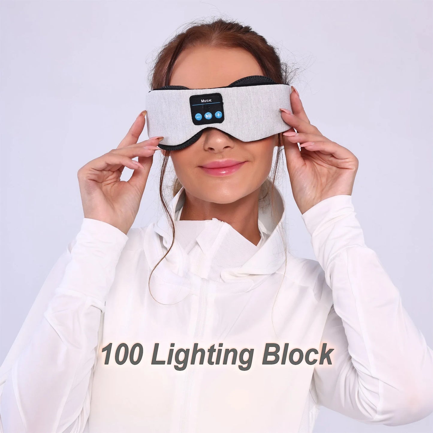 Grey outline Bluetooth sleeping eye mask made from soft polyester fabric.