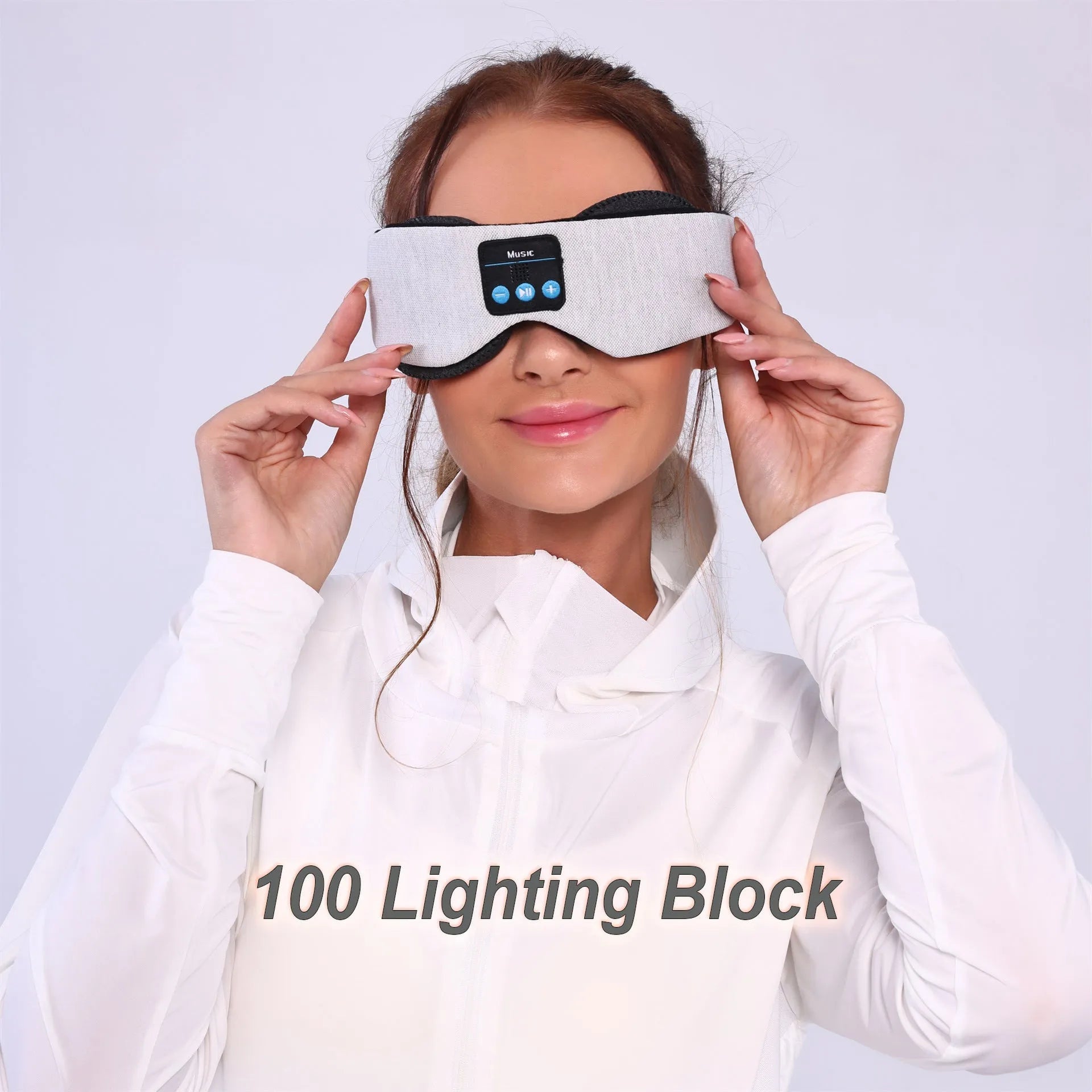 Grey outline Bluetooth sleeping eye mask made from soft polyester fabric.