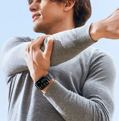 HAYLOU RS4 Plus smartwatch in black on wrist, showing AMOLED display with fitness stats.