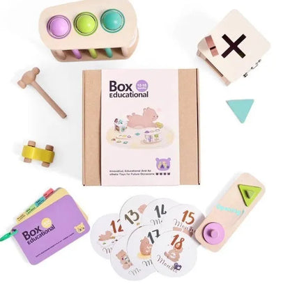 Wooden Montessori rattle toy with black and white cards, ball chime, and colour box for children aged 4-6 years
