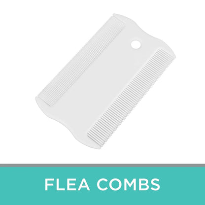 Double-sided plastic flea comb for pets showing dense teeth on one side and a fine-tooth grate on the other.