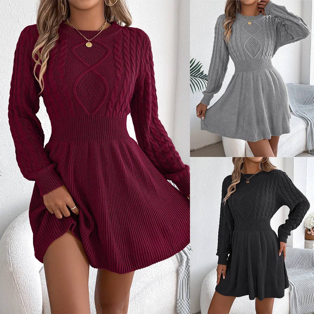 Black women's sweater dress with lantern long sleeves and an elastic twist waist, made from acrylic artificial fur.