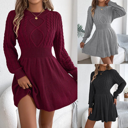 Black women's sweater dress with lantern long sleeves and an elastic twist waist, made from acrylic artificial fur.