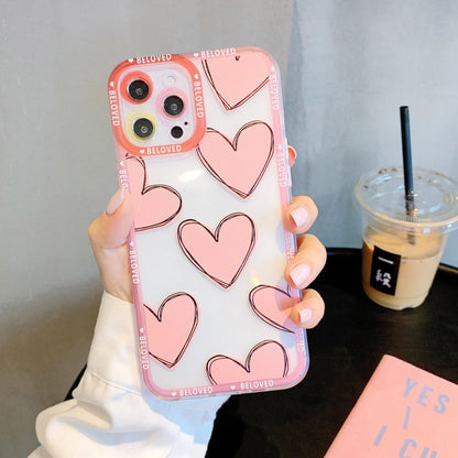 Pink and graffiti red TPU iPhone cases featuring love heart and angel eye designs for multiple models