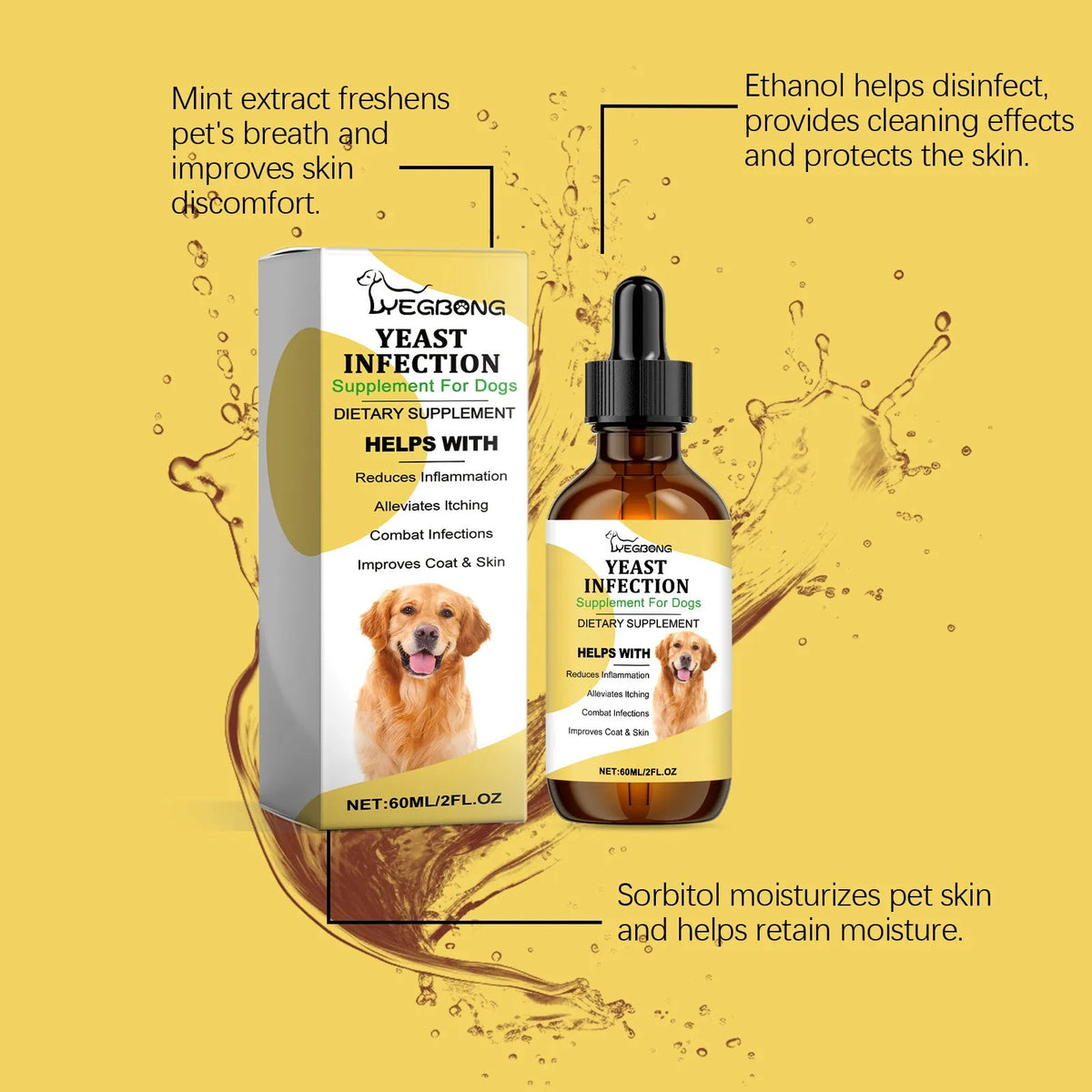 60ml herbal yeast supplement bottle for dogs, external skin care liquid product.