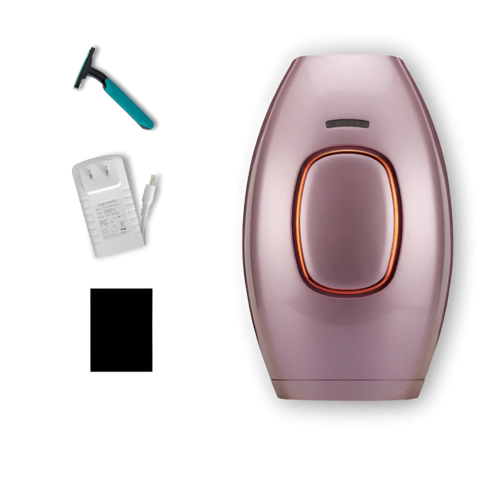 White laser hair removal device with shaver attachment and international power adapters