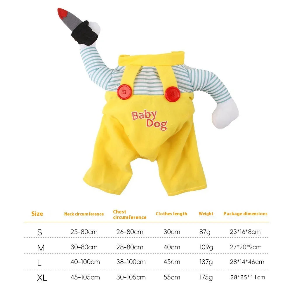Yellow polyester cat costume with knife assassin design in sizes S to XL.