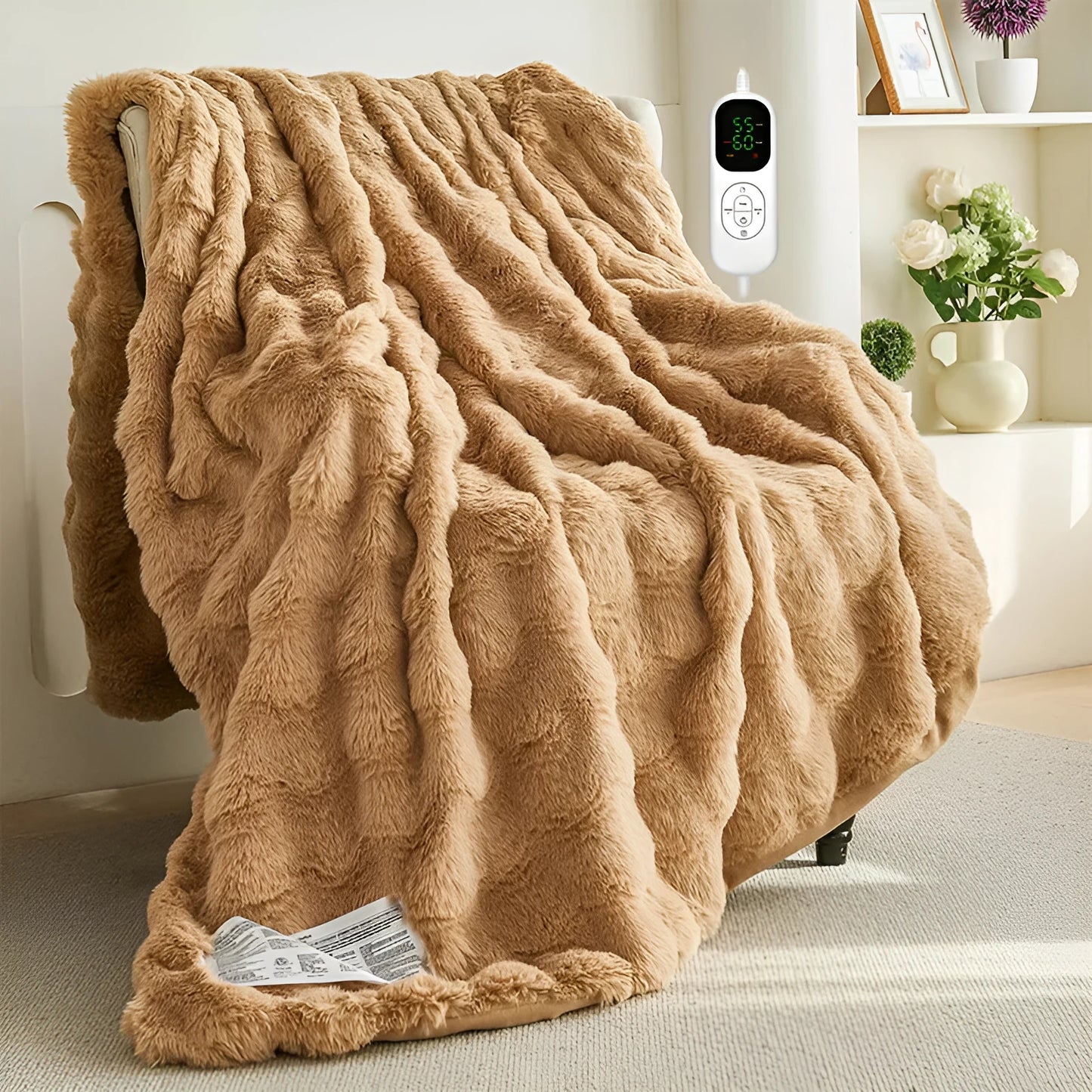 Dark grey far infrared electric heating blanket with carbon fibre elements on a double bed.