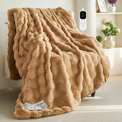 Dark grey far infrared electric heating blanket with carbon fibre elements on a double bed.