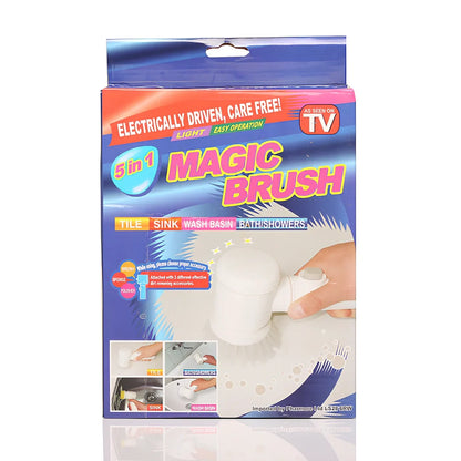 Electric cleaning brush with five interchangeable heads and rechargeable battery for kitchen and bathroom surfaces