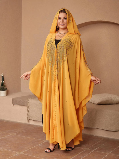 Purple chiffon Muslim style shawl with rhinestone beaded trim laid flat showing its long length.