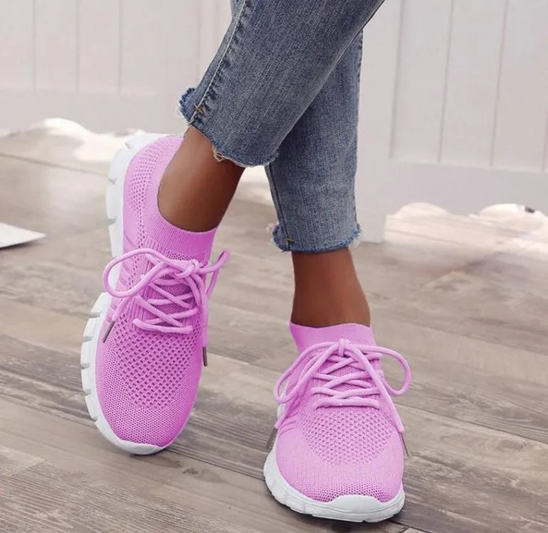 Women's flying knit casual flats with mesh upper, round toe, and front-tie design in multiple colour options